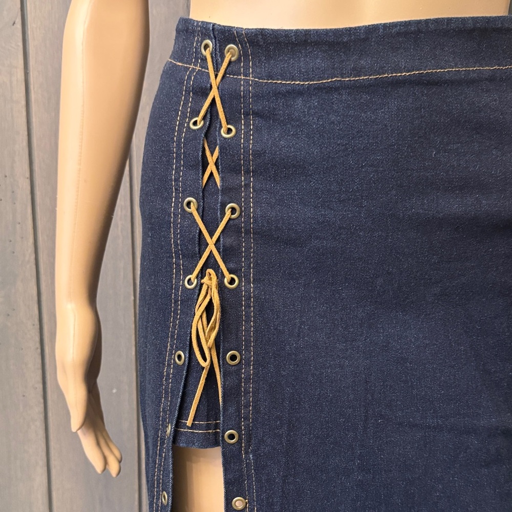 2 Piece Vintage Stretch Denim Maxi Skirt with High Slit Lace-Up Detail - Picture 2 of 9